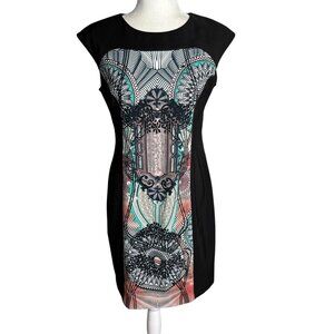 London Times Sleeveless Sheath Dress 10P Petite Black Multi-Print Zipper Stretch
